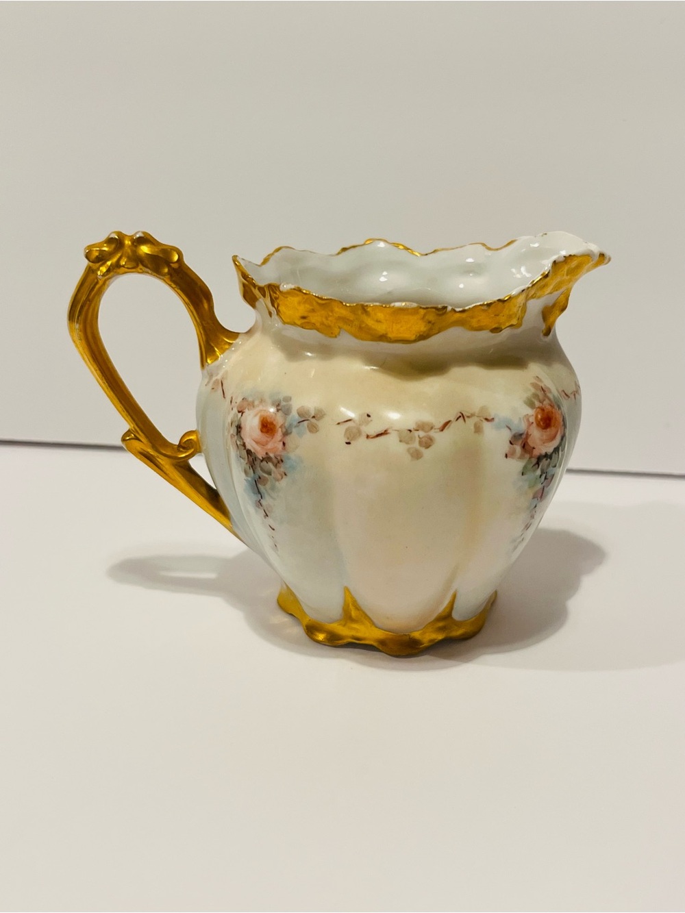 Antique Hand Painted Porcelain Creamer Gilded Rim 4”